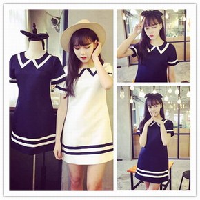 新款日系条纹海军学院风假领式织带甜美小清新水手服撞色连衣裙