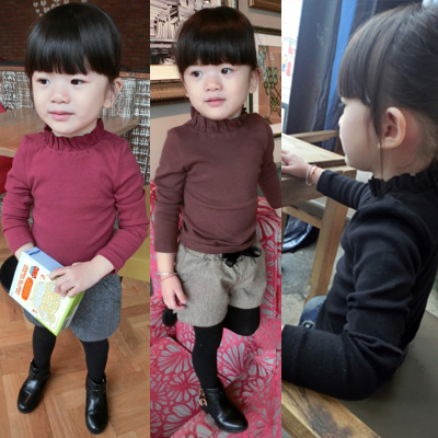 2015新款女童冬装打底衫 韩版高领儿童冬季纯色套头衫童装加绒T恤