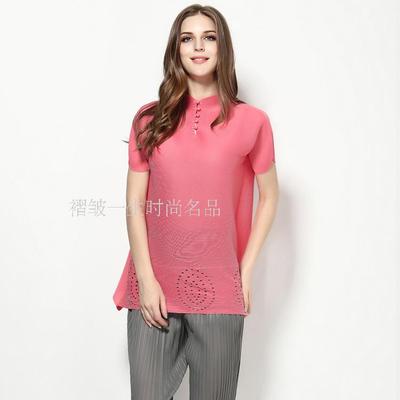 三宅褶皱宽松短袖t恤 中国风夏季新款大码女装一生压褶立领上衣