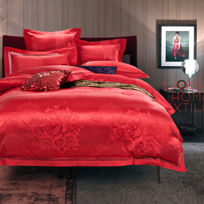 床品床上用品四件套婚庆大红纯棉全棉贡缎提花结婚被套床单