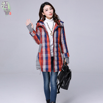 涵香2015冬季新款撞色格子棉衣韩版时尚女装中长款连帽手套袖棉衣