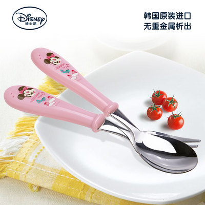 韩国进口迪士尼儿童专用卡通不锈钢勺子叉子两件套勺叉套装便携