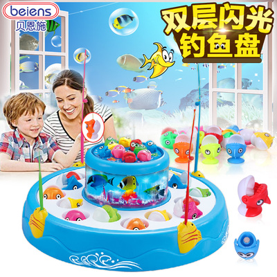 贝恩施儿童钓鱼玩具 电动磁性旋转钓鱼套装宝宝益智玩具1-2-3岁