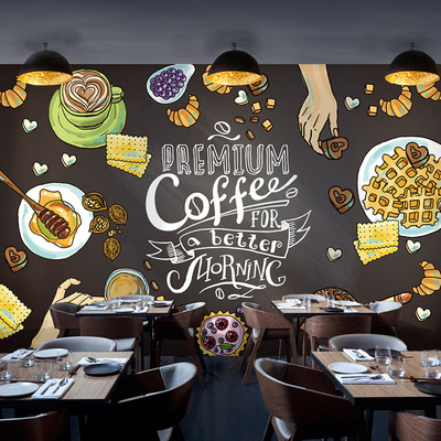 复古黑板大型壁画咖啡厅甜品店蛋糕面包店休闲吧餐厅背景墙纸壁纸