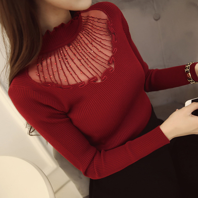 2015秋冬新款女装韩版长袖毛衣蕾丝高领针织套头打底衫女针织衫棉
