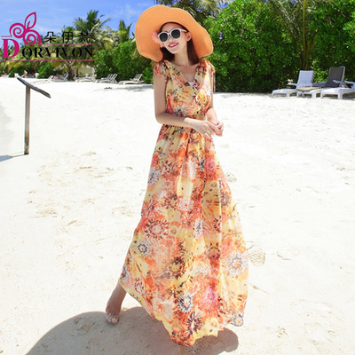 朵伊梵 波西米亚夏季装新款雪纺印花显瘦连衣裙海边渡假沙滩长裙