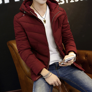 2015冬季新款 青少年中长款棉衣 男士修身韩版纯色加厚棉袄外套潮