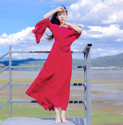 唯美红裙2015秋季原创新款喇叭袖百褶唯美复古高腰修身连衣裙长裙