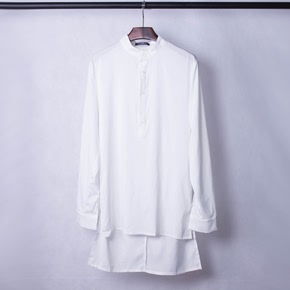 潮牌IT 5CM简约纯色立领 前短后长 宽松薄款休闲衬衫男黑色白色