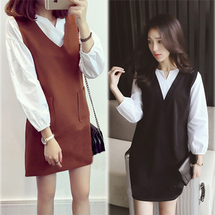 2016秋季新款女装韩版套装宽松显瘦v领长袖衬衫+裙子两件套连衣裙