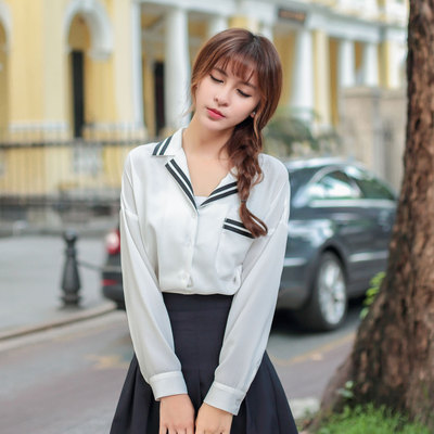 2016年秋季新品韩国明星同款睡衣装V领海军风宽松百搭长袖衬衫 女