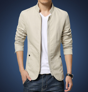 2016春秋季男士青年韩版修身短夹克正装外套立领纯棉纯色休闲薄款