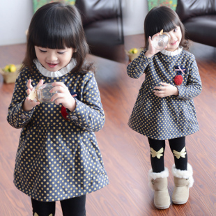2015韩版冬季童装女童加绒加厚连衣裙儿童中小童波点休闲保暖裙子