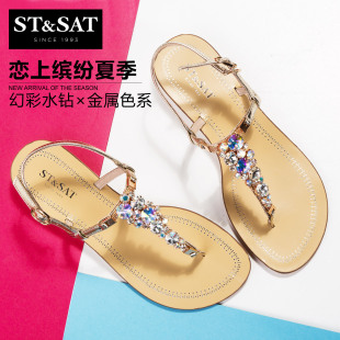 St&Sat/星期六2015夏新品中坡跟金属水钻夹趾凉鞋女鞋SN52119205