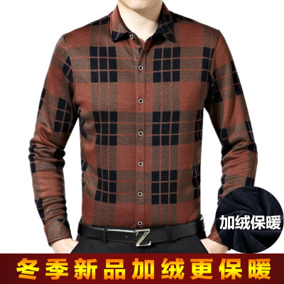 冬季新款2015中年男士长袖格子保暖衬衫加绒加厚双丝光棉免烫衬衣