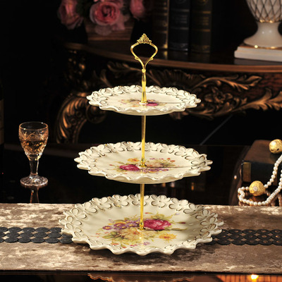 欧式陶瓷描金三层水果盘时尚创意糖果蛋糕架糕点托盘婚庆乔迁礼品