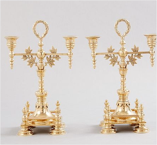 西洋收藏品黄铜老烛台古董欧洲双头拍卖中