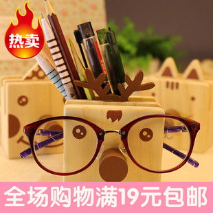 韩国文具 可爱卡通狗狗木质笔筒眼镜架多功能笔筒 创意桌面摆件