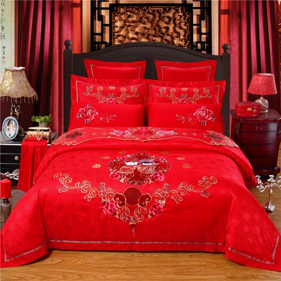 慧爱富安娜婚庆四件套大红被套刺绣全棉结婚六八十多件套床上用品