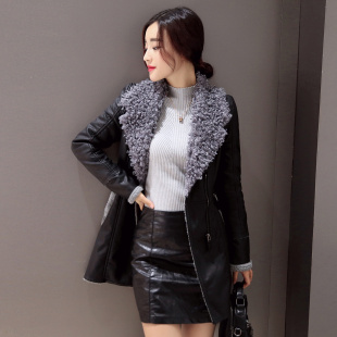 皮尤外套女2016新款 韩版修身显瘦加绒加厚pu皮衣女中长款外套冬
