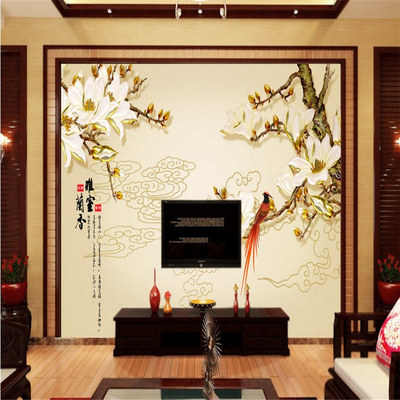 花鸟壁画大型玉兰花朵客厅影视墙壁纸墙纸电视背景无纺布无缝卧室