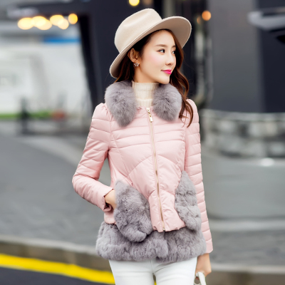 2015冬装新款韩版修身显瘦狐狸毛领短款拼接加厚保暖PU皮棉衣女