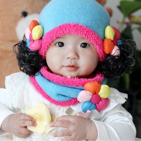 秋冬女宝宝婴儿假发帽子儿童帽子围巾套装加绒韩版 1-2-4岁包邮潮