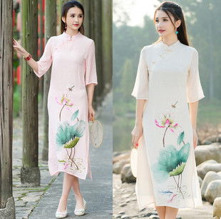 2015秋装新款民族风大码女装长裙子中国风手绘修身长袖棉麻连衣裙