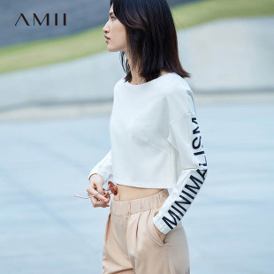 Amii艾米 2017秋装新款短款大圆领落肩宽松印花长袖T恤