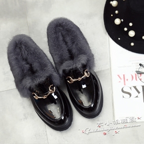 韩国潮流兔毛粗跟厚底中高跟单鞋2015冬明星款防水台加绒棉鞋女鞋