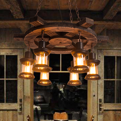 实木酒吧灯创意咖啡餐厅客厅怀旧个性美式复古船木灯具工业风吊灯
