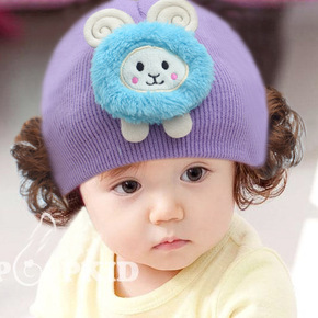 女宝宝假发帽子秋冬季卡通可爱婴儿帽子套头帽冬天儿童帽子毛线帽