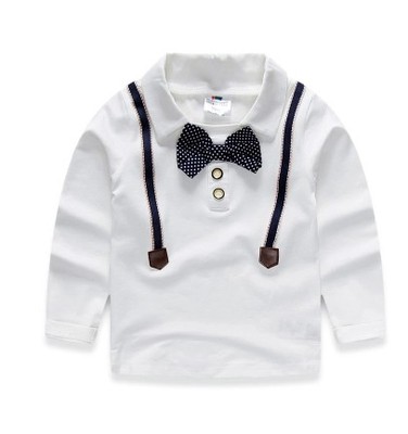 2016春装韩版新款领结背带男童装宝宝儿童白色翻领长袖T恤打底衫