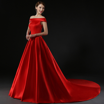 婚纱礼服2016新款韩式缎面新娘结婚一字肩长拖尾红色齐地修身显瘦