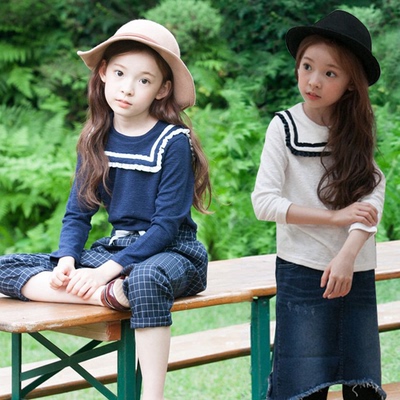 韩国童装女童秋季海军学院风翻领长袖T恤韩版中大儿童秋装上衣潮