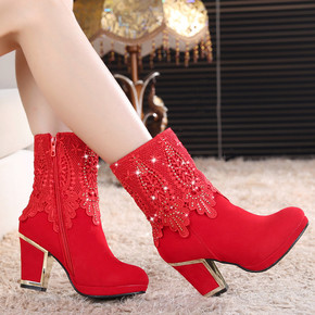 秋新款红色婚鞋短靴冬季结婚靴子厚底新娘鞋粗高跟婚礼靴子保暖靴