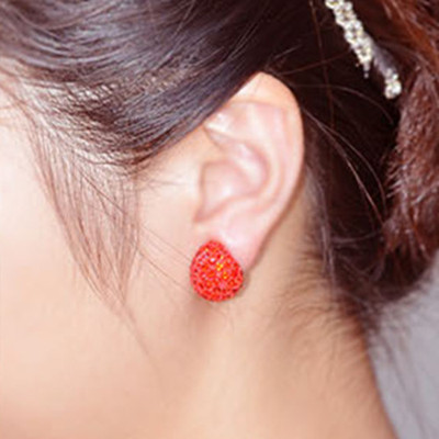 耳环钉女小樱桃满钻红钻弧形宝石钻豌豆甜美可爱简约日韩生日礼物