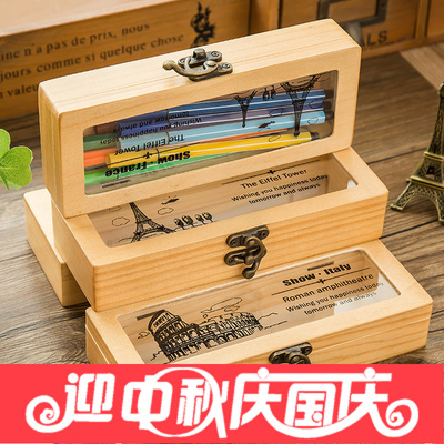 韩国复古风木质搭扣笔盒创意多功能收纳盒文具盒韩式厂家直销推荐