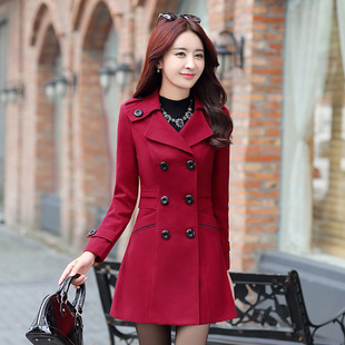 2015秋冬新款韩版修身显瘦时尚蘑菇街毛呢大衣中长款毛呢外套女装
