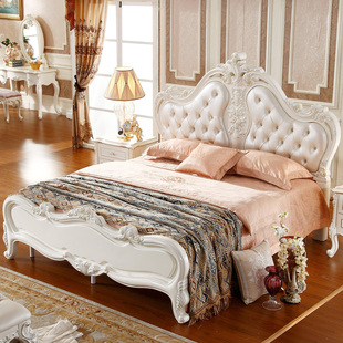 欧式双人床 1米8实木床白色雕花公主床真皮软靠婚床橡木床