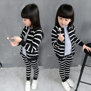 童装2015秋装新款韩版女童条纹休闲长袖上衣+长裤两件套运动套装