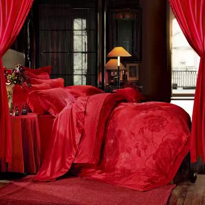 婚庆大红冰丝四六件套提花被套棉质床单床盖纯棉结婚喜庆床上用品