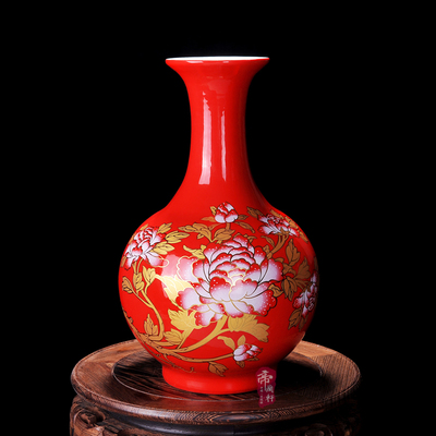 景德镇陶瓷器现代中式客厅居家装饰工艺摆件中国红落地大花瓶摆设