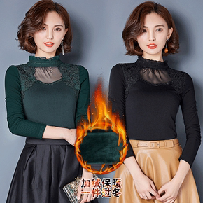 冬季新款韩版时尚提花镂空网纱长袖T恤女士打底小衫加绒加厚体恤