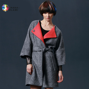 2015秋冬新款欧美女装大码宽松时尚洋气中长款羊毛呢大衣女外套