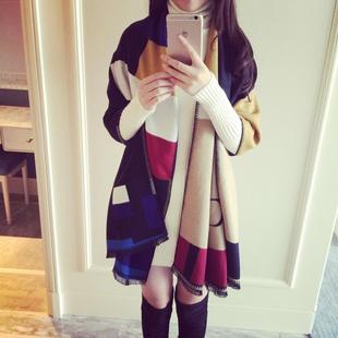 欧美羊绒围巾拼色双面保暖加厚披肩两用超长超大围巾女士冬季韩国