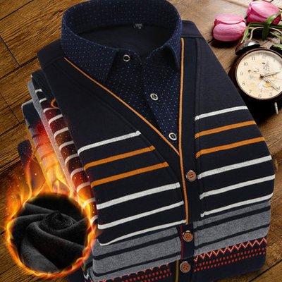 秋冬季保暖加绒衬衫男长袖韩版修身假两件针织衫加厚中年男士衬衣