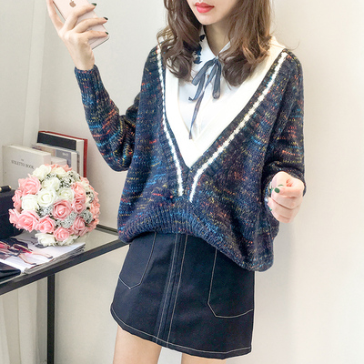 2016秋装新款女装韩版宽松镂空大V领拼色针织上衣长袖针织衫毛衣