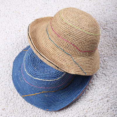 包邮韩国优质高端夏季女个性卷边穿绳拉菲草草帽防晒沙滩帽遮阳帽