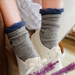 天然彩棉复古撞色花边短袜 彩点粗线袜 文艺堆堆袜 秋季靴子袜